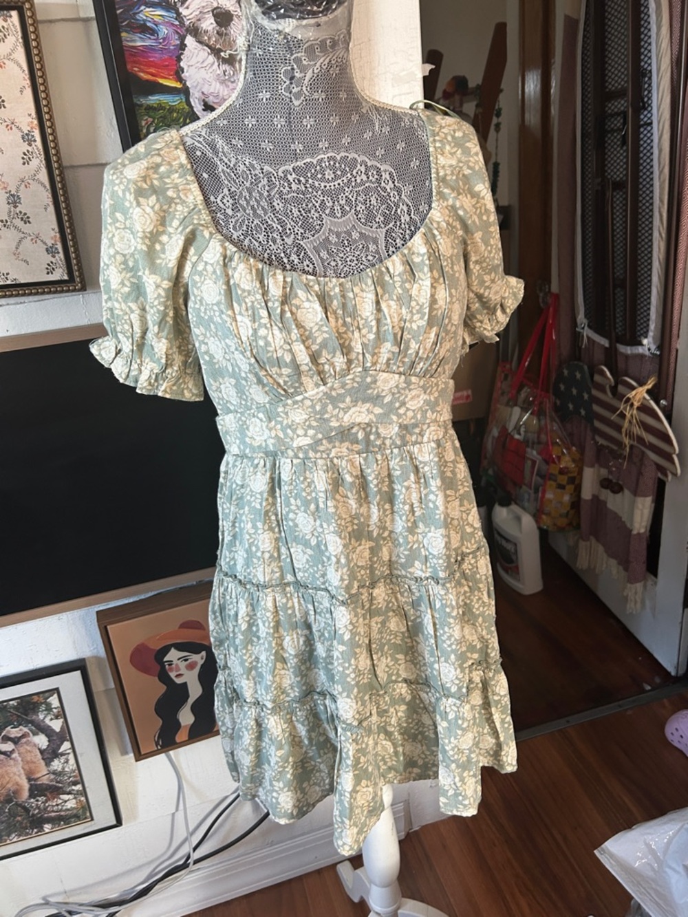 Trixxi Sage Green Floral Puff-Sleeve Tiered Mini Dress